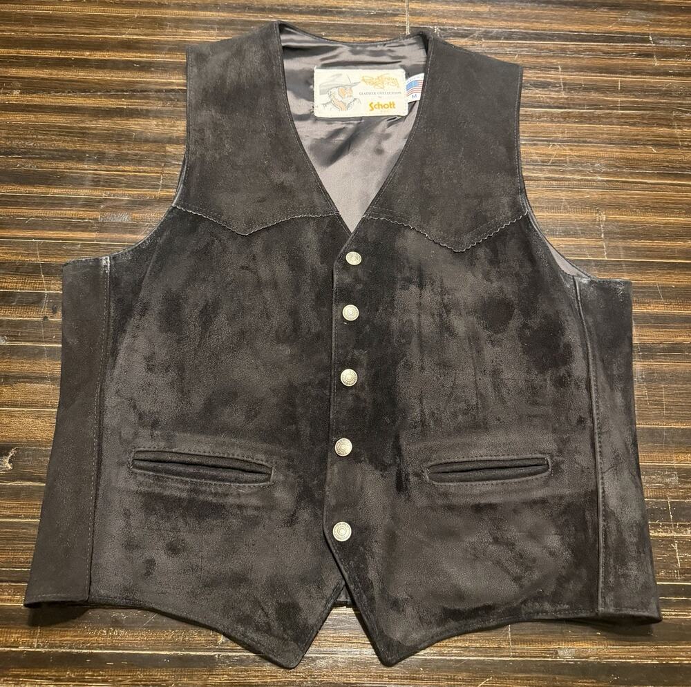 Schott Suede Leather Vest Kenny Rogers Collection Size Medium Black USA